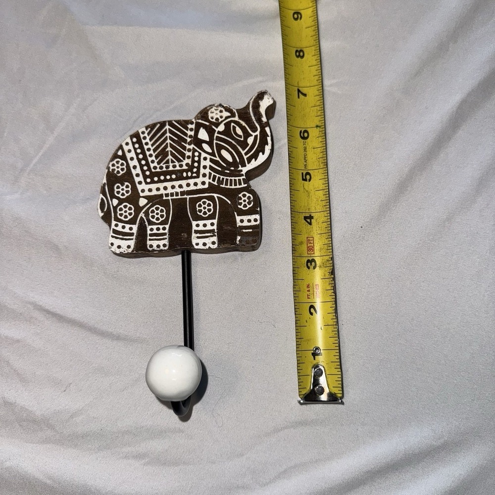 Hand Carved Wooden Elephant Wall Hook Coat Hanger Dark Brown White Decorative - Picture 5 of 6